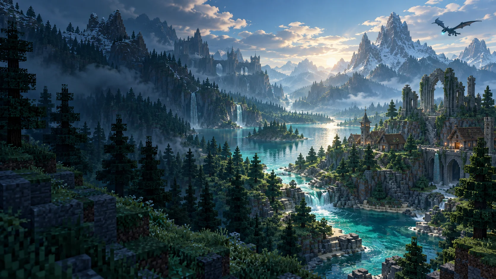Ilustración de un valle de Minecraft con bosques, montañas y un lago turquesa